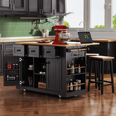 Bellemave® 53" Large Kitchen Island on 5 Wheels with 2 Bar Stools, Power Outlet,Door Internal Storage Rack, Drop Leaf, 5 Open Side Racks, 3 Drawers - Bellemave